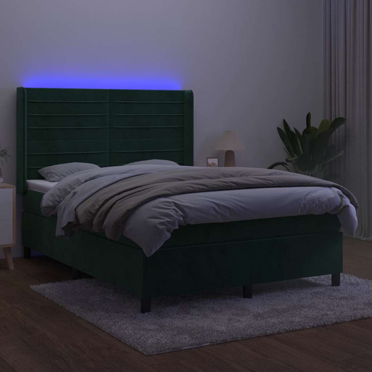 vidaXL Κρεβάτι Boxspring με Στρώμα & LED Σκ. Πράσινο 140x190εκ Βελούδο