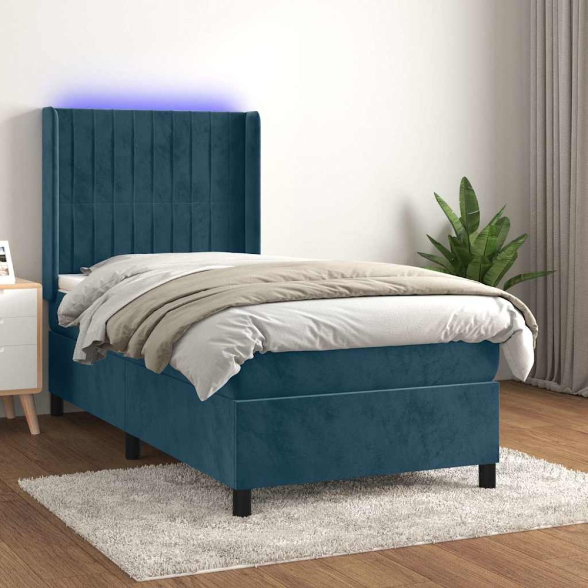 vidaXL Κρεβάτι Boxspring με Στρώμα & LED Σκ. Μπλε 80x200 εκ. Βελούδινο