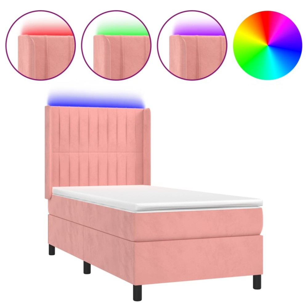 vidaXL Κρεβάτι Boxspring με Στρώμα & LED Ροζ 80 x 200 εκ. Βελούδινο