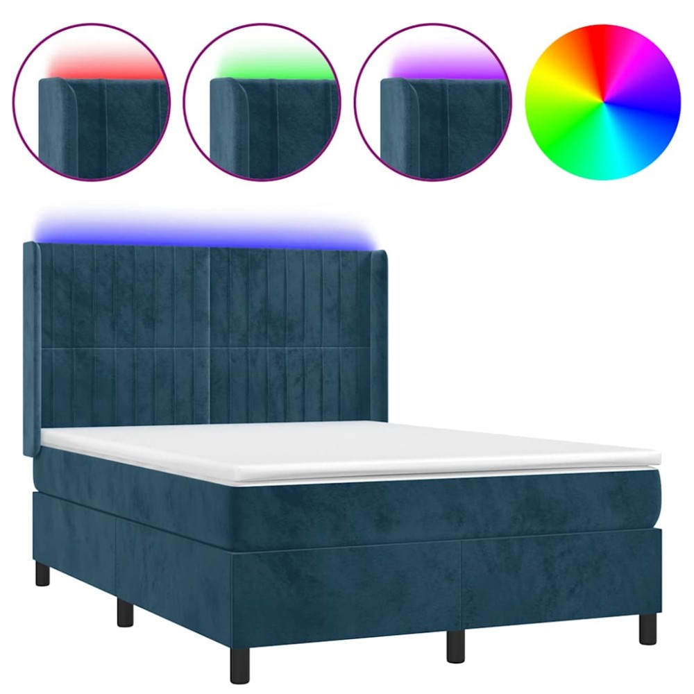vidaXL Κρεβάτι Boxspring με Στρώμα & LED Σκ. Μπλε 140x190εκ. Βελούδινο