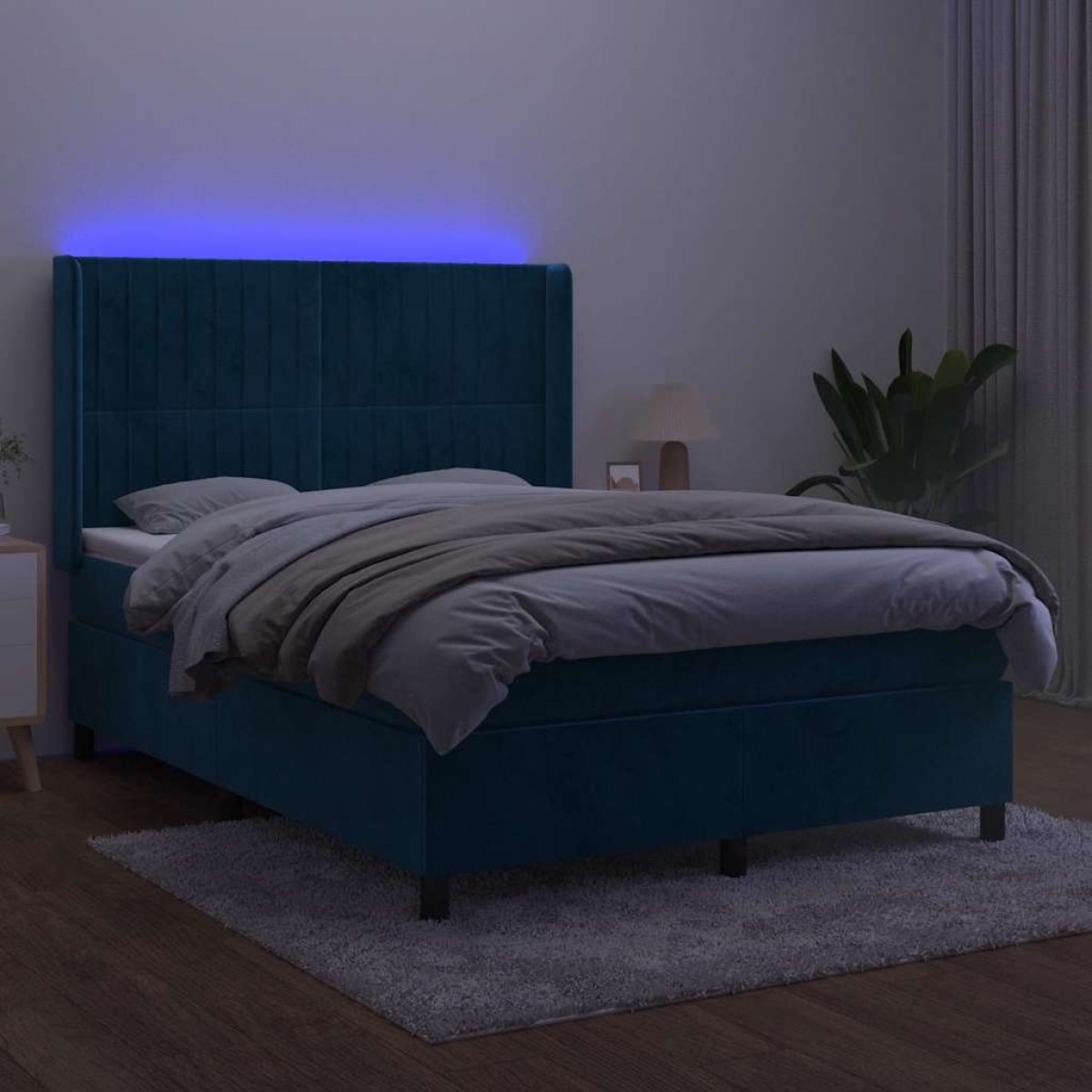 vidaXL Κρεβάτι Boxspring με Στρώμα & LED Σκ. Μπλε 140x190εκ. Βελούδινο