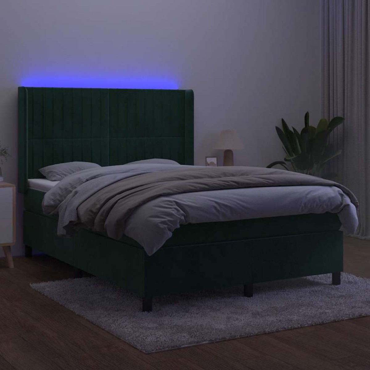 vidaXL Κρεβάτι Boxspring με Στρώμα & LED Σκ. Πράσινο 140x200εκ Βελούδο