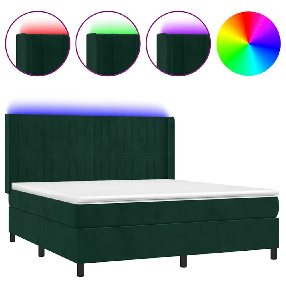 vidaXL Κρεβάτι Boxspring με Στρώμα & LED Σκ. Πράσινο 160x200εκ Βελούδο