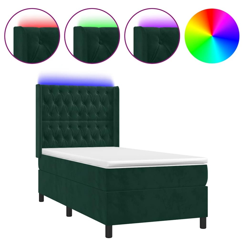 vidaXL Κρεβάτι Boxspring με Στρώμα & LED Σκ. Πράσινο 80x200 εκ Βελούδο