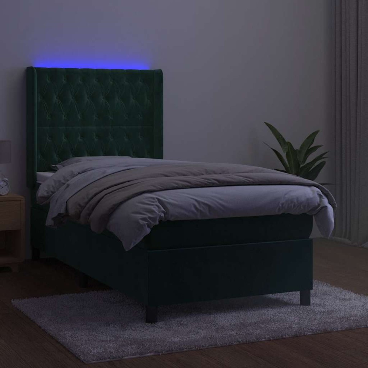 vidaXL Κρεβάτι Boxspring με Στρώμα & LED Σκ. Πράσινο 90x190 εκ Βελούδο