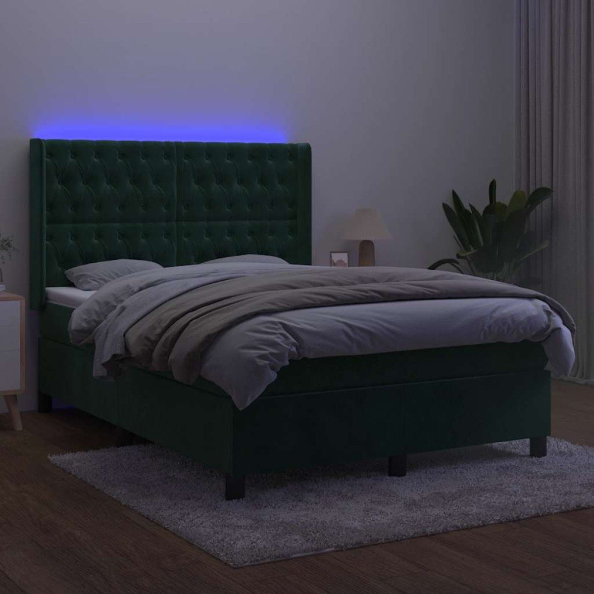vidaXL Κρεβάτι Boxspring με Στρώμα & LED Σκ. Πράσινο 140x200εκ Βελούδο