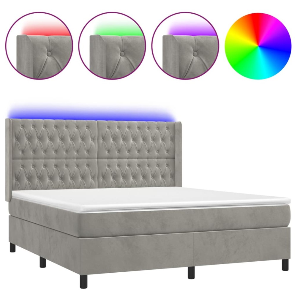vidaXL Κρεβάτι Boxspring με Στρώμα & LED Αν.Γκρι 180x200 εκ. Βελούδινο