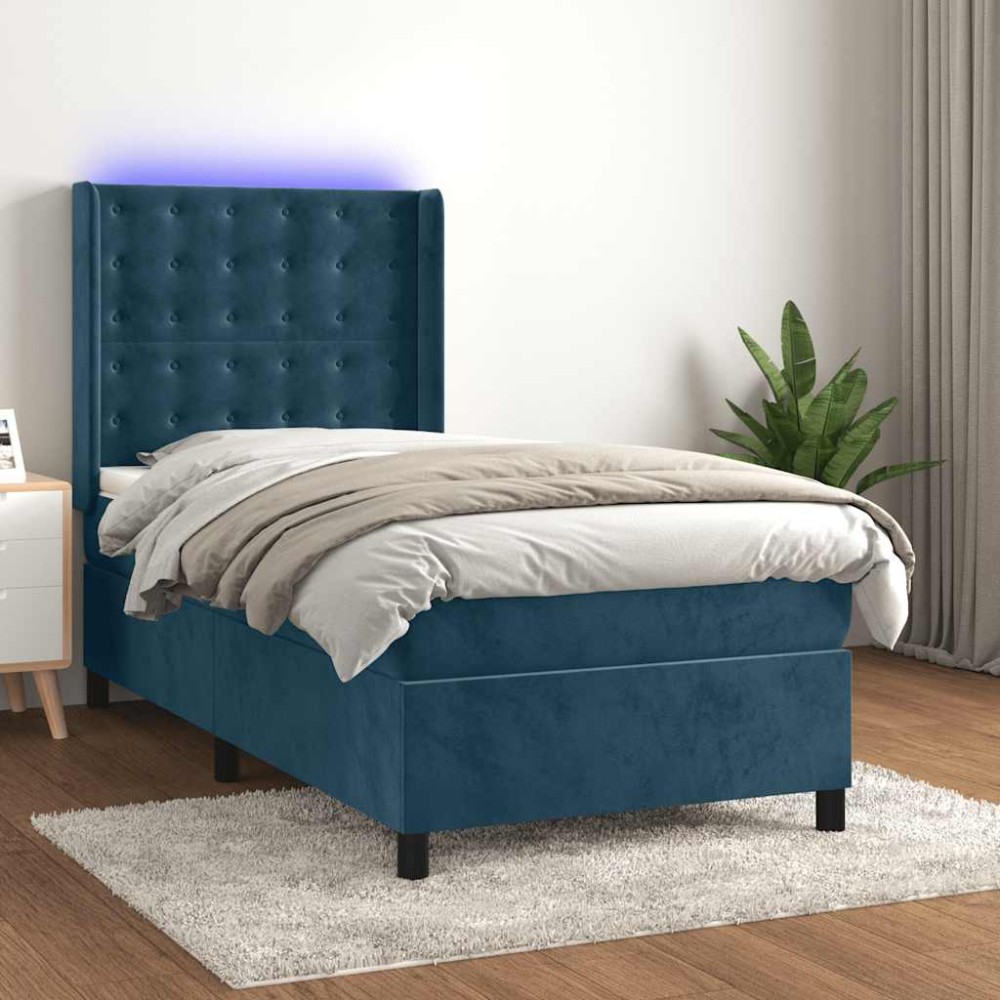 vidaXL Κρεβάτι Boxspring με Στρώμα & LED Σκ. Μπλε 90x190 εκ. Βελούδινο