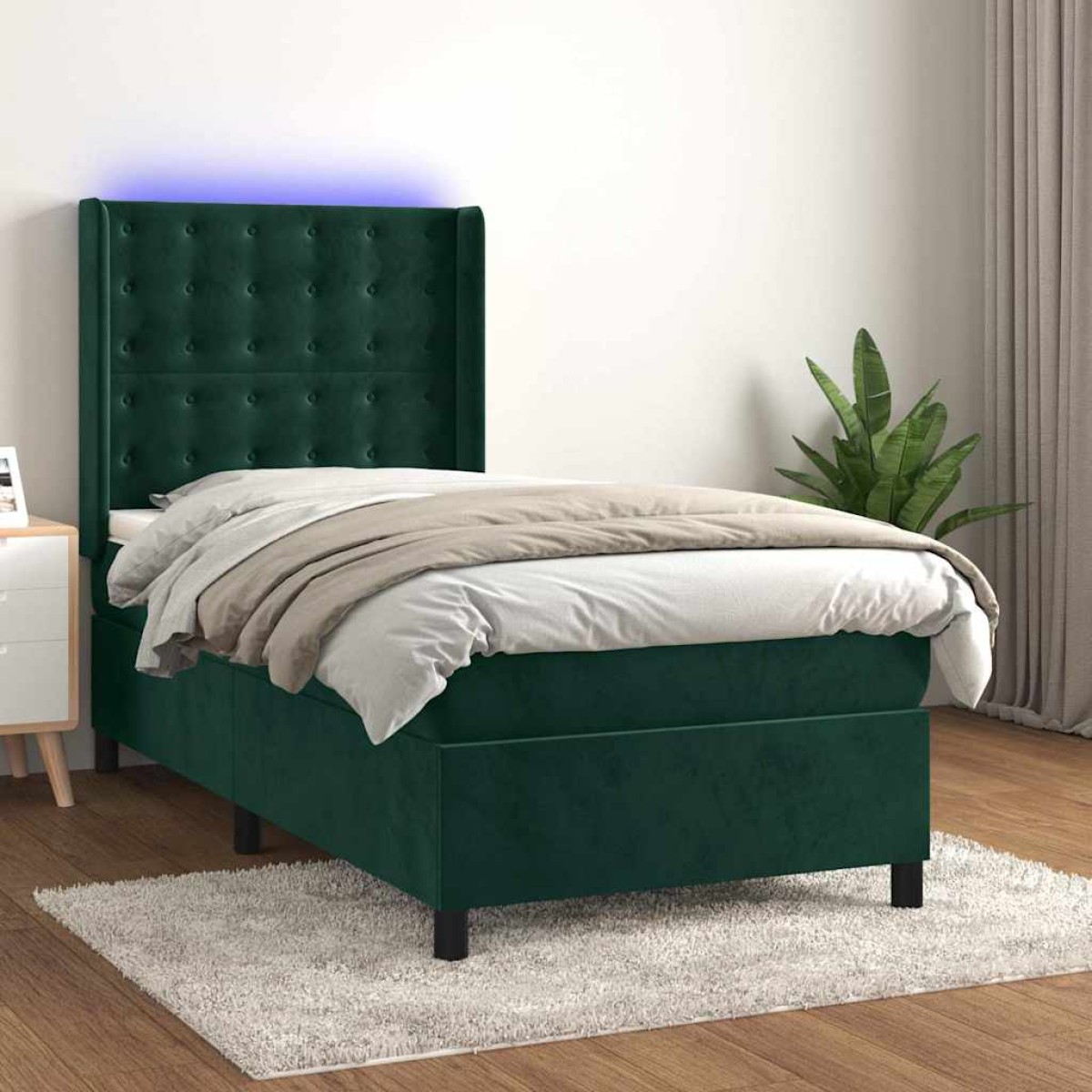 vidaXL Κρεβάτι Boxspring με Στρώμα & LED Σκ. Πράσινο 90x200 εκ Βελούδο