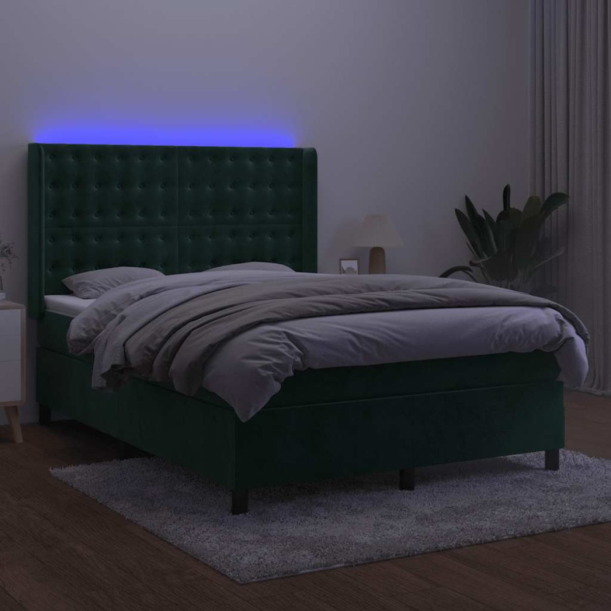vidaXL Κρεβάτι Boxspring με Στρώμα & LED Σκ. Πράσινο 140x190εκ Βελούδο
