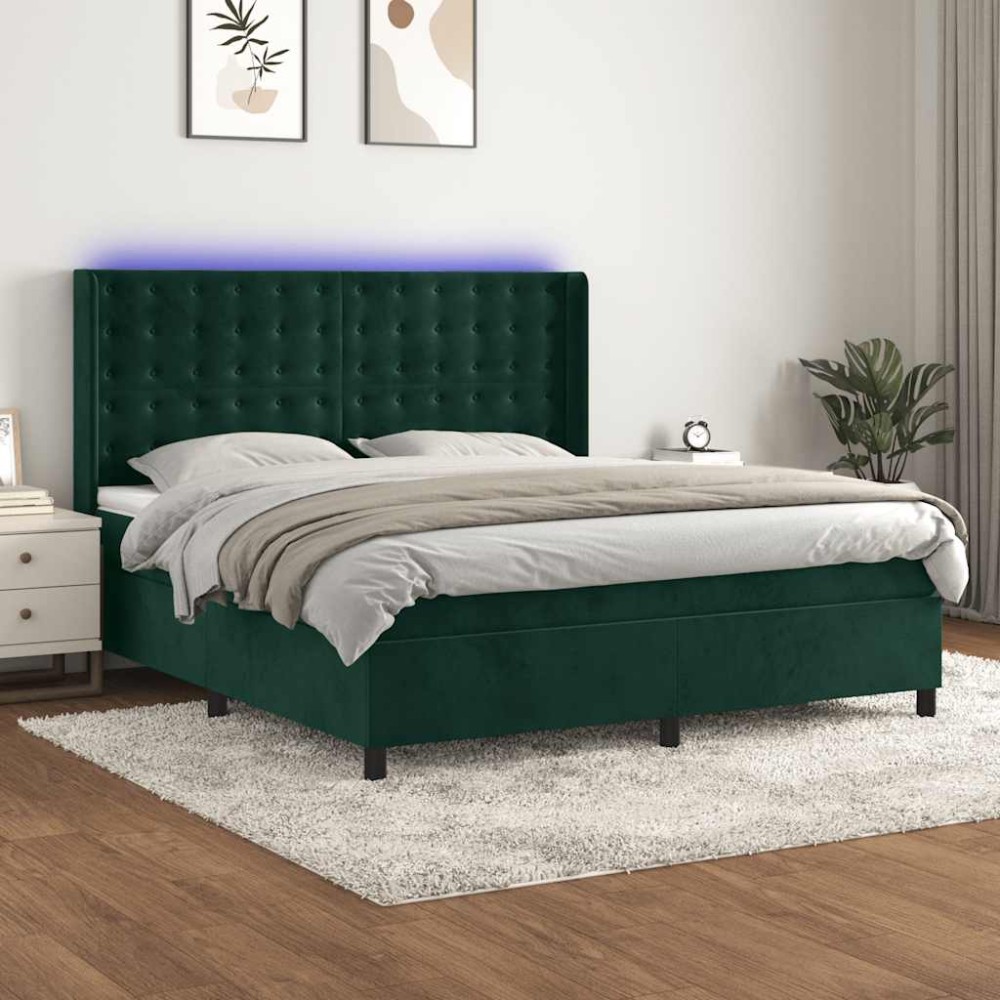 vidaXL Κρεβάτι Boxspring με Στρώμα & LED Σκ. Πράσινο 160x200εκ Βελούδο