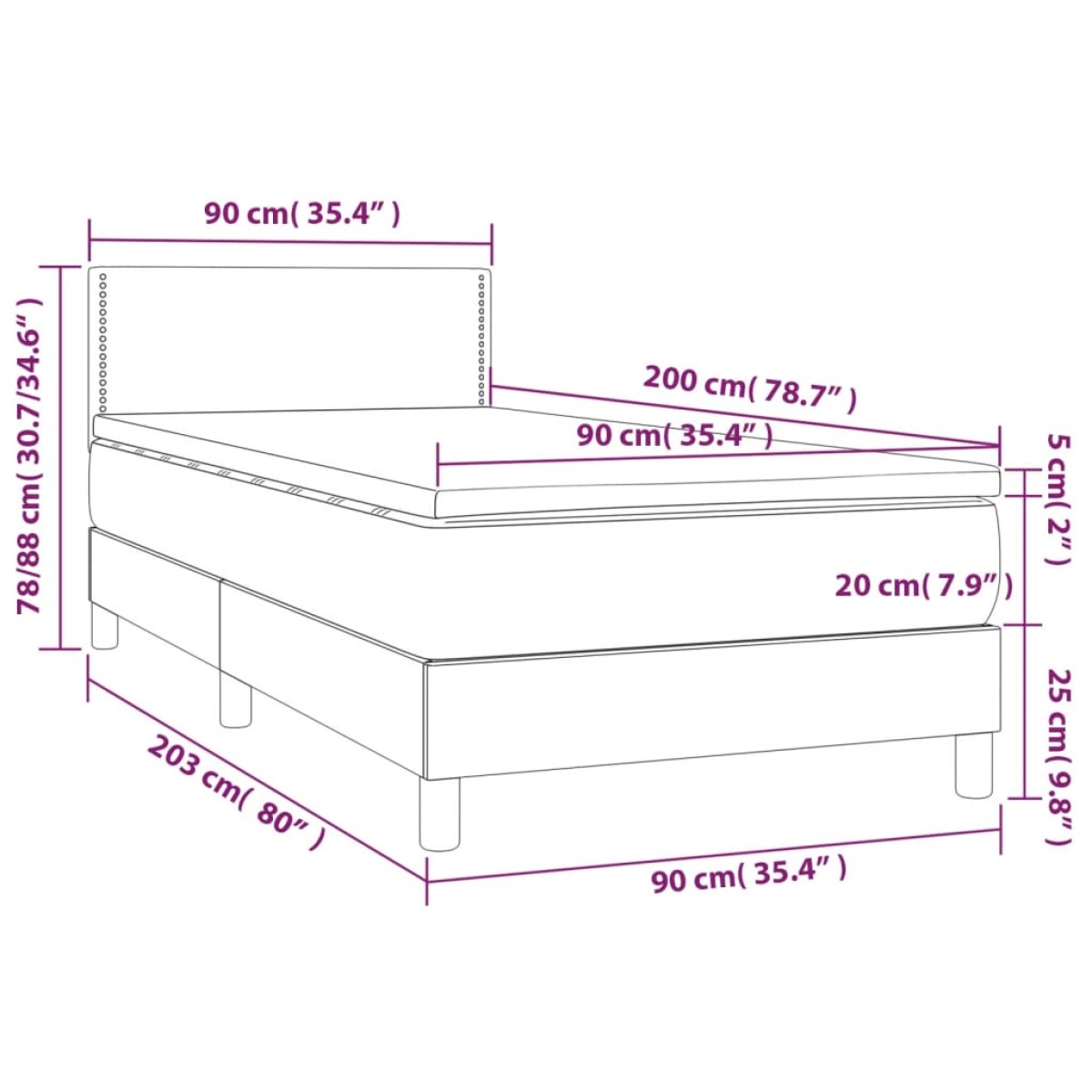 vidaXL Κρεβάτι Boxspring με Στρώμα Σκούρο Γκρι 90x200 εκ. Υφασμάτινο