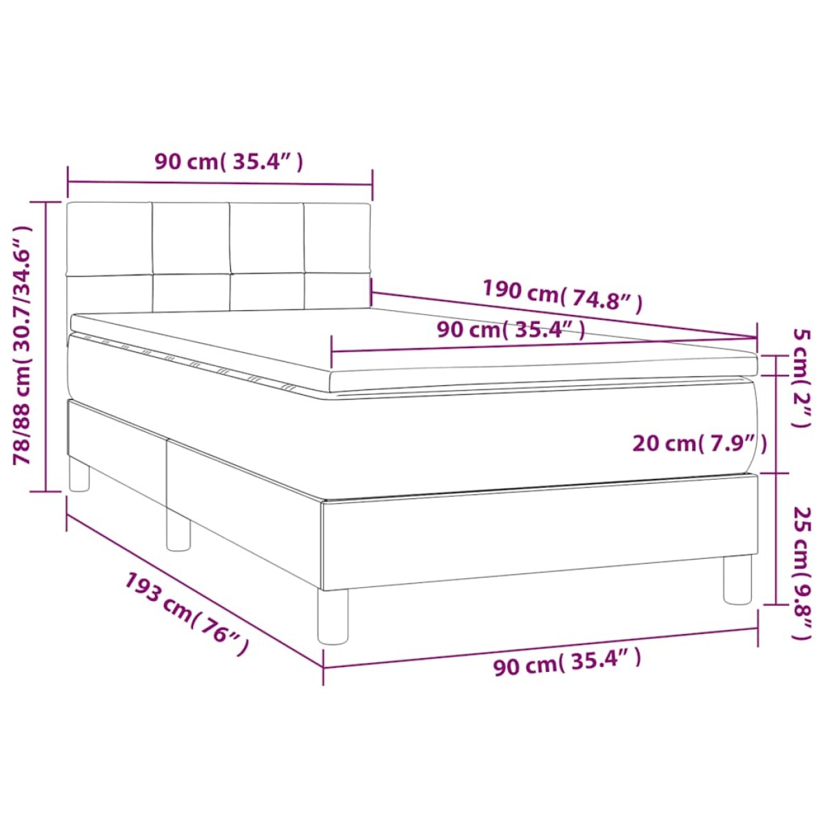 vidaXL Κρεβάτι Boxspring με Στρώμα Μπλε 90x190 εκ.Υφασμάτινο