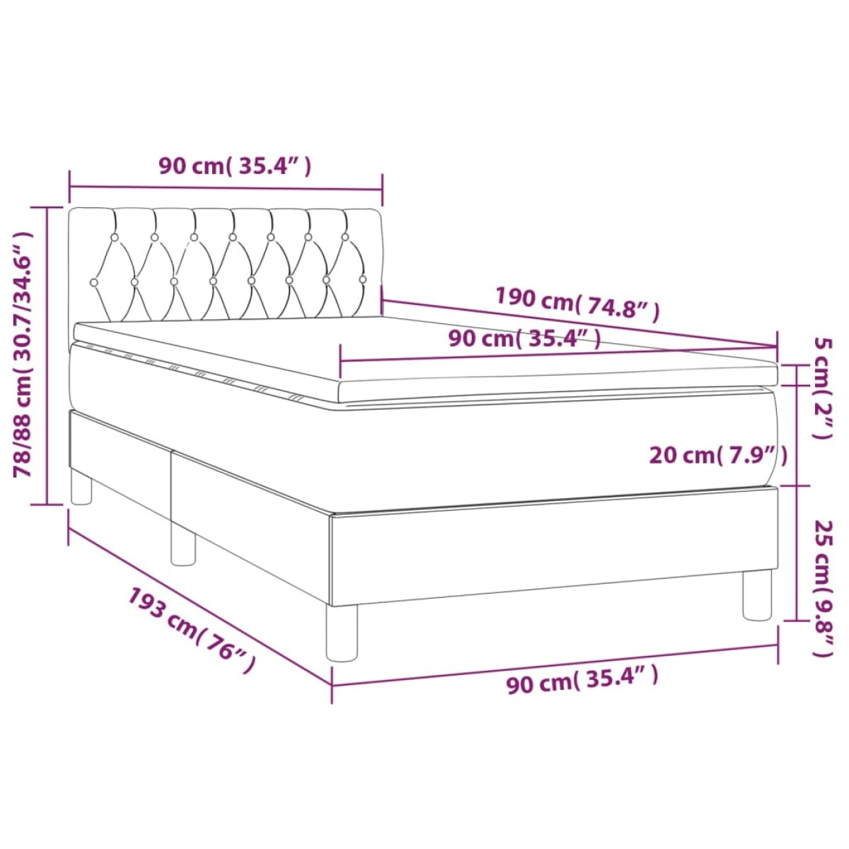 vidaXL Κρεβάτι Boxspring με Στρώμα Ανοιχτό Γκρι 90x190 εκ. Υφασμάτινο