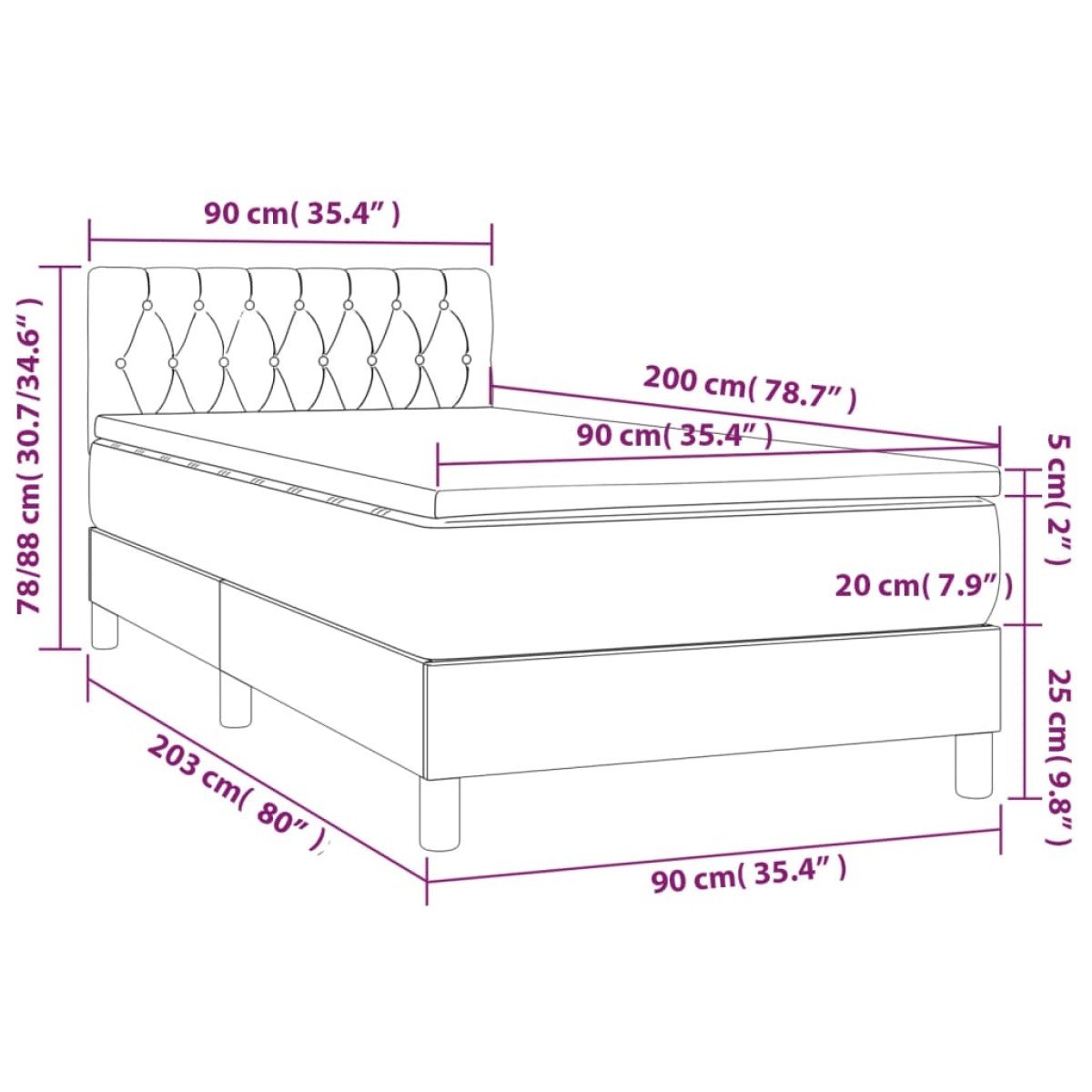 vidaXL Κρεβάτι Boxspring με Στρώμα Ανοιχτό Γκρι 90x200 εκ. Υφασμάτινο