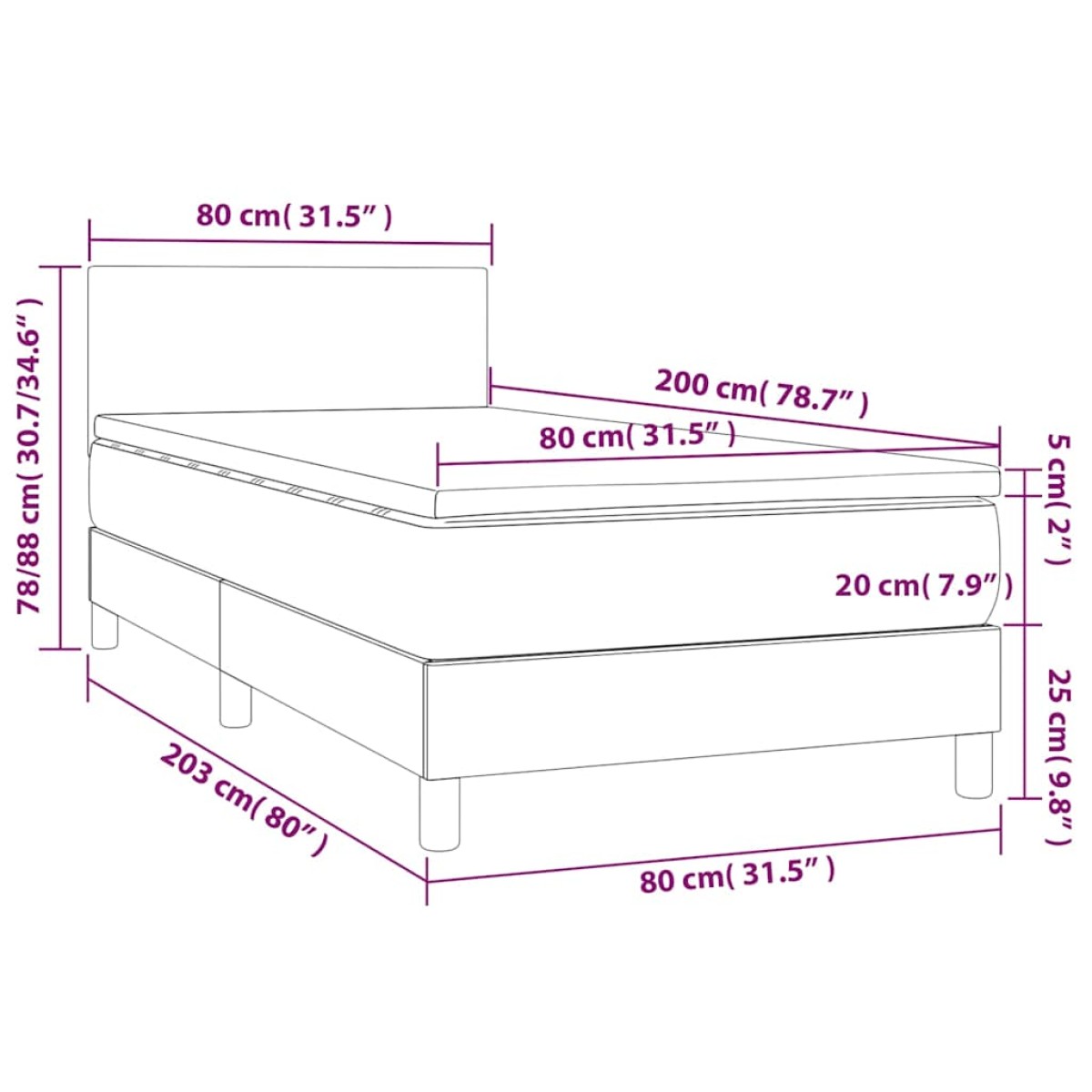 vidaXL Κρεβάτι Boxspring με Στρώμα Σκούρο Γκρι 80x200 εκ. Υφασμάτινο