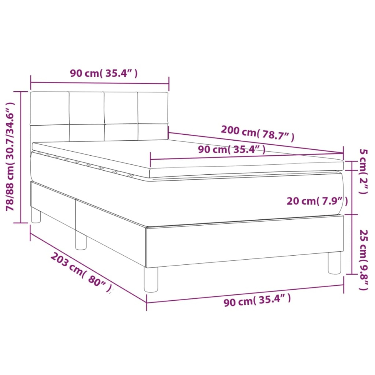 vidaXL Κρεβάτι Boxspring με Στρώμα Μπλε 90x200 εκ.Υφασμάτινο