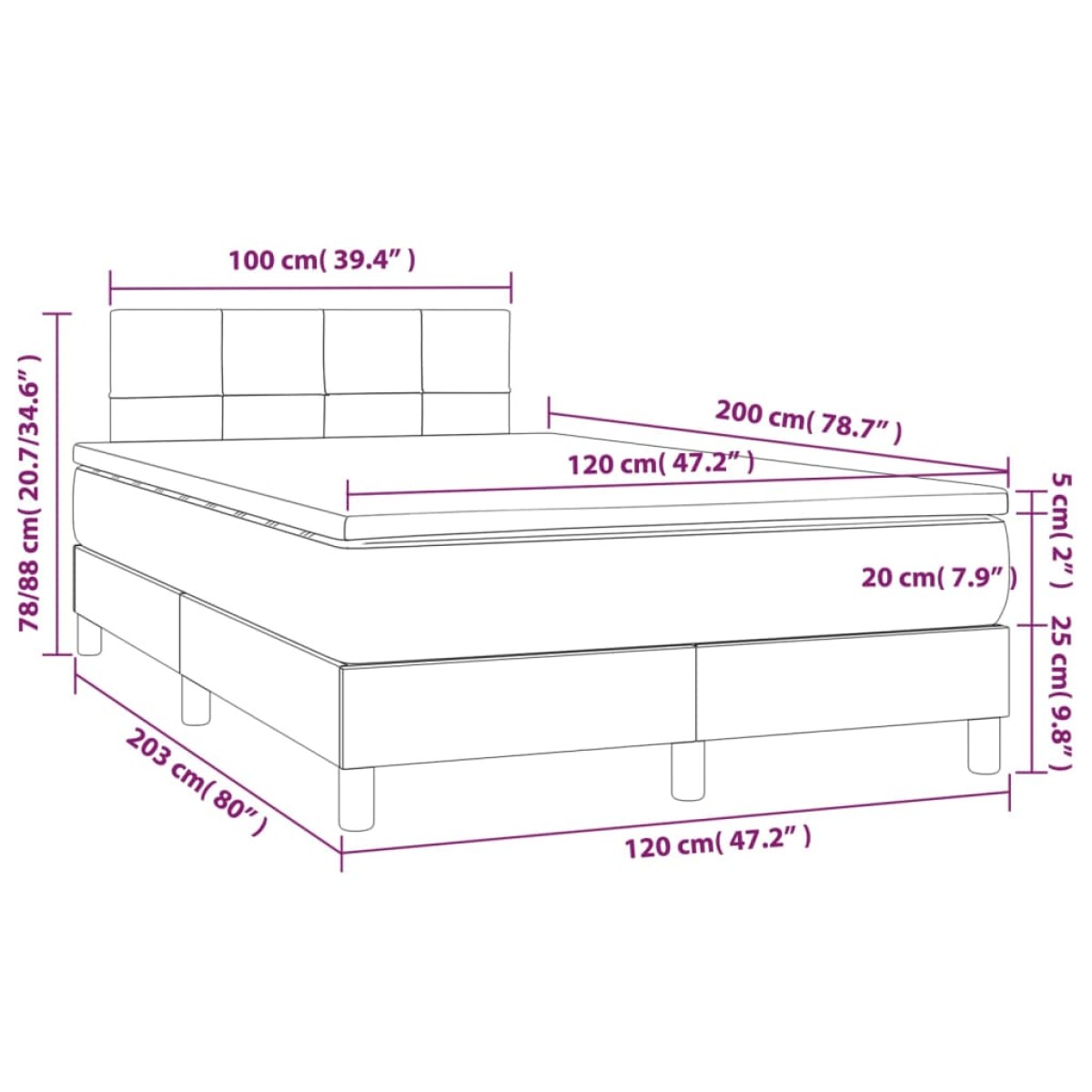 vidaXL Κρεβάτι Boxspring με Στρώμα Μπλε 120x200 εκ. Υφασμάτινο