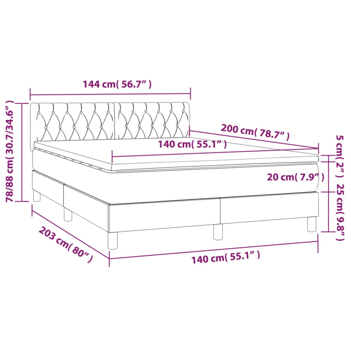 vidaXL Κρεβάτι Boxspring με Στρώμα Μαύρο 140x200 εκ. Υφασμάτινο