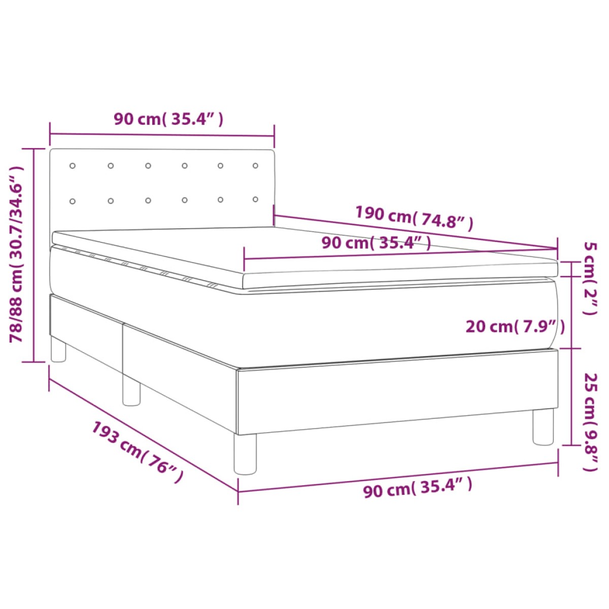 vidaXL Κρεβάτι Boxspring με Στρώμα Ανοιχτό Γκρι 90x190 εκ. Υφασμάτινο