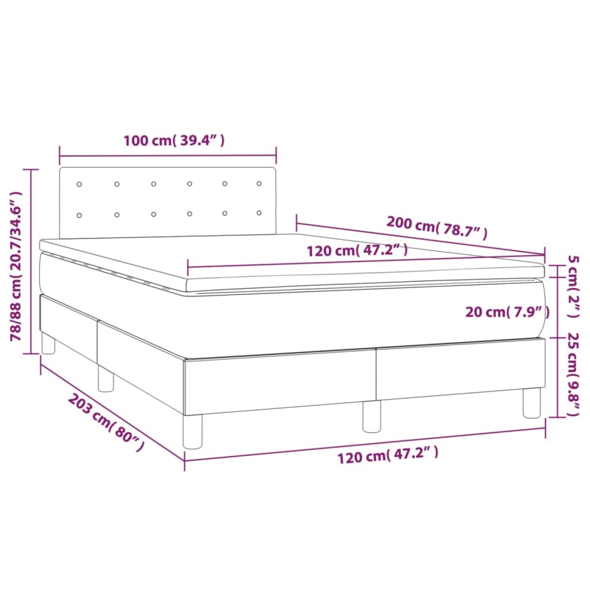 vidaXL Κρεβάτι Boxspring με Στρώμα Κρεμ 120x200 εκ. Υφασμάτινο
