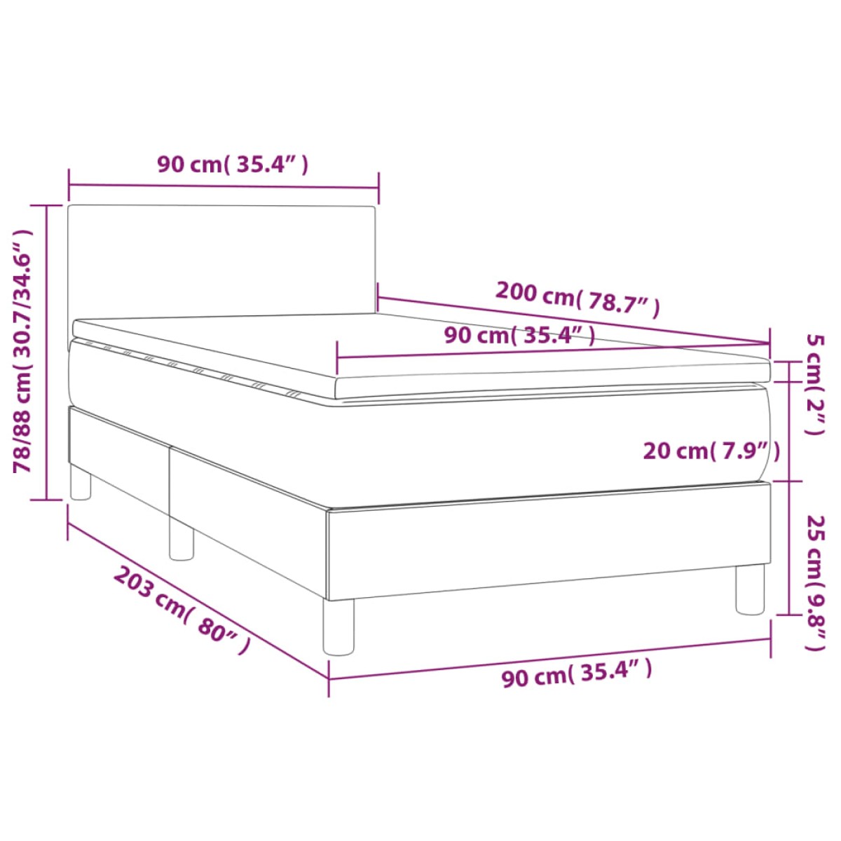 vidaXL Κρεβάτι Boxspring με Στρώμα Γκρι 90x200 εκ. από Συνθετικό Δέρμα