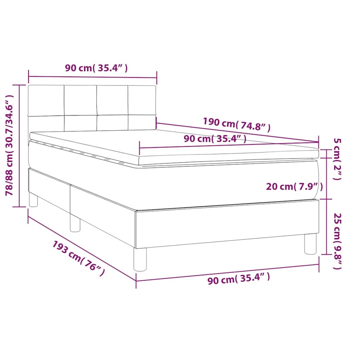 vidaXL Κρεβάτι Boxspring με Στρώμα Μαύρο 90x190 εκ. Βελούδινο