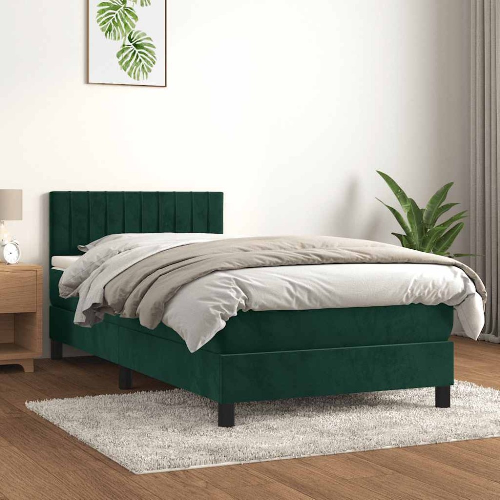vidaXL Κρεβάτι Boxspring με Στρώμα Σκούρο Πράσινο 90x190 εκ. Βελούδινο