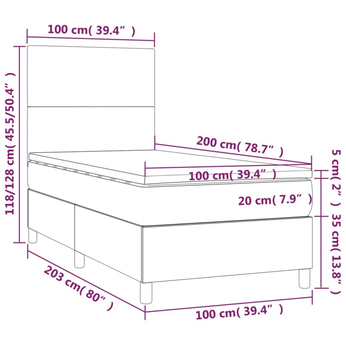vidaXL Κρεβάτι Boxspring με Στρώμα Σκούρο Καφέ 100x200 εκ. Υφασμάτινο