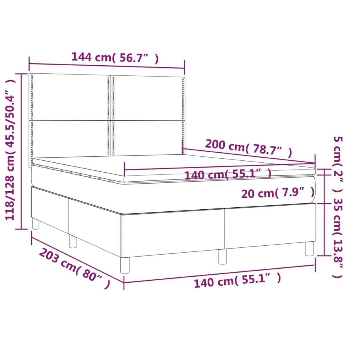 vidaXL Κρεβάτι Boxspring με Στρώμα Σκούρο Γκρι 140x200 εκ Υφασμάτινο