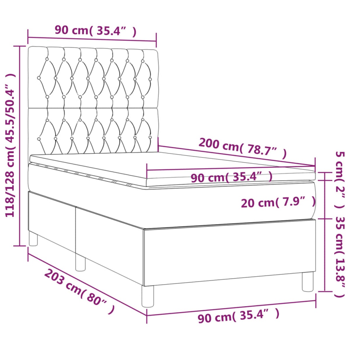 vidaXL Κρεβάτι Boxspring με Στρώμα Κρεμ 90x200 εκ.Υφασμάτινο