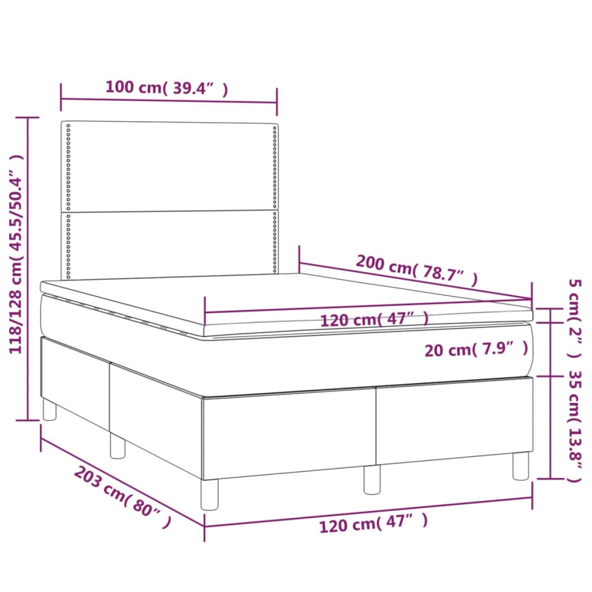 vidaXL Κρεβάτι Boxspring με Στρώμα Μαύρο 120x200 εκ. Υφασμάτινο
