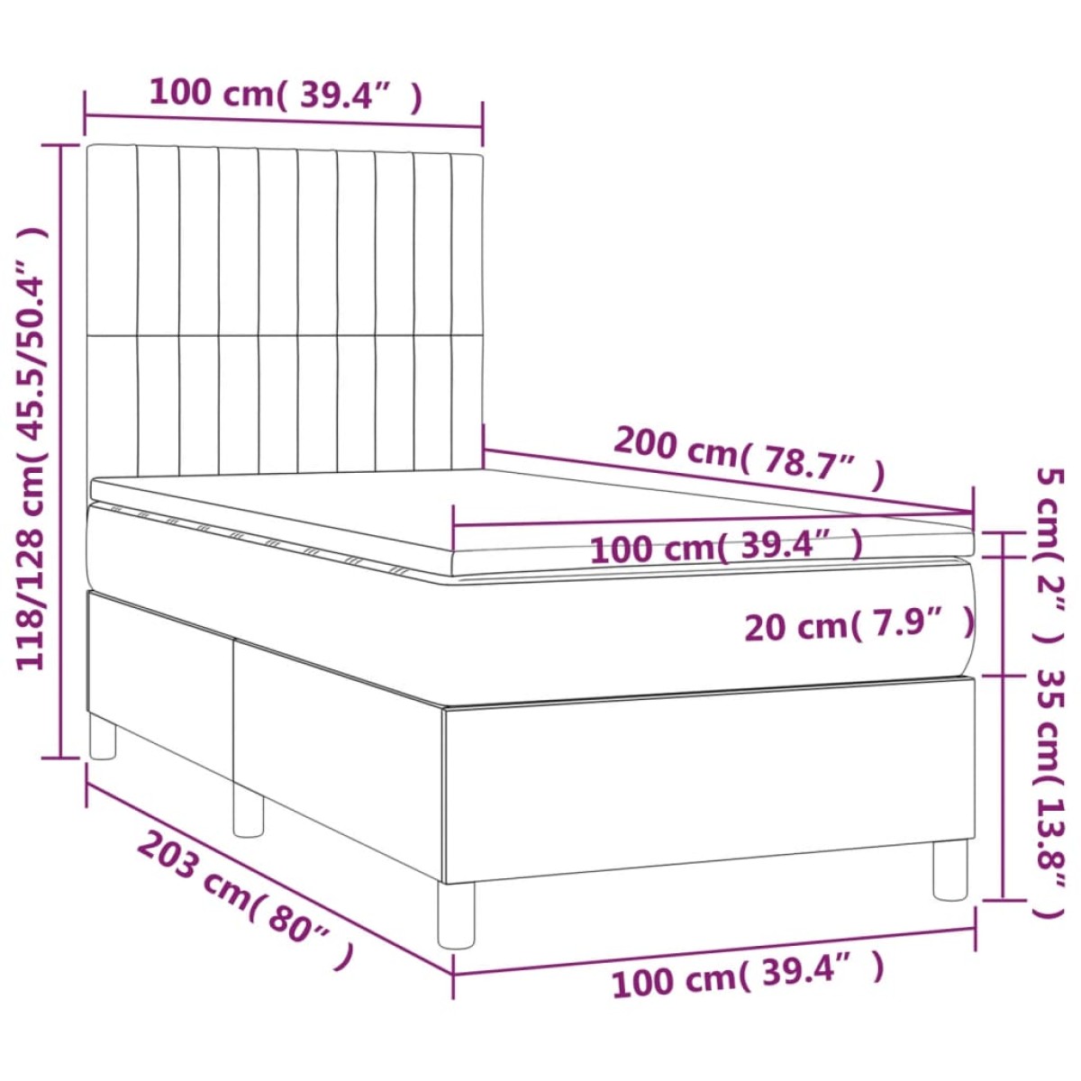 vidaXL Κρεβάτι Boxspring με Στρώμα Ανοιχτό Γκρι 100x200 εκ. Υφασμάτινο