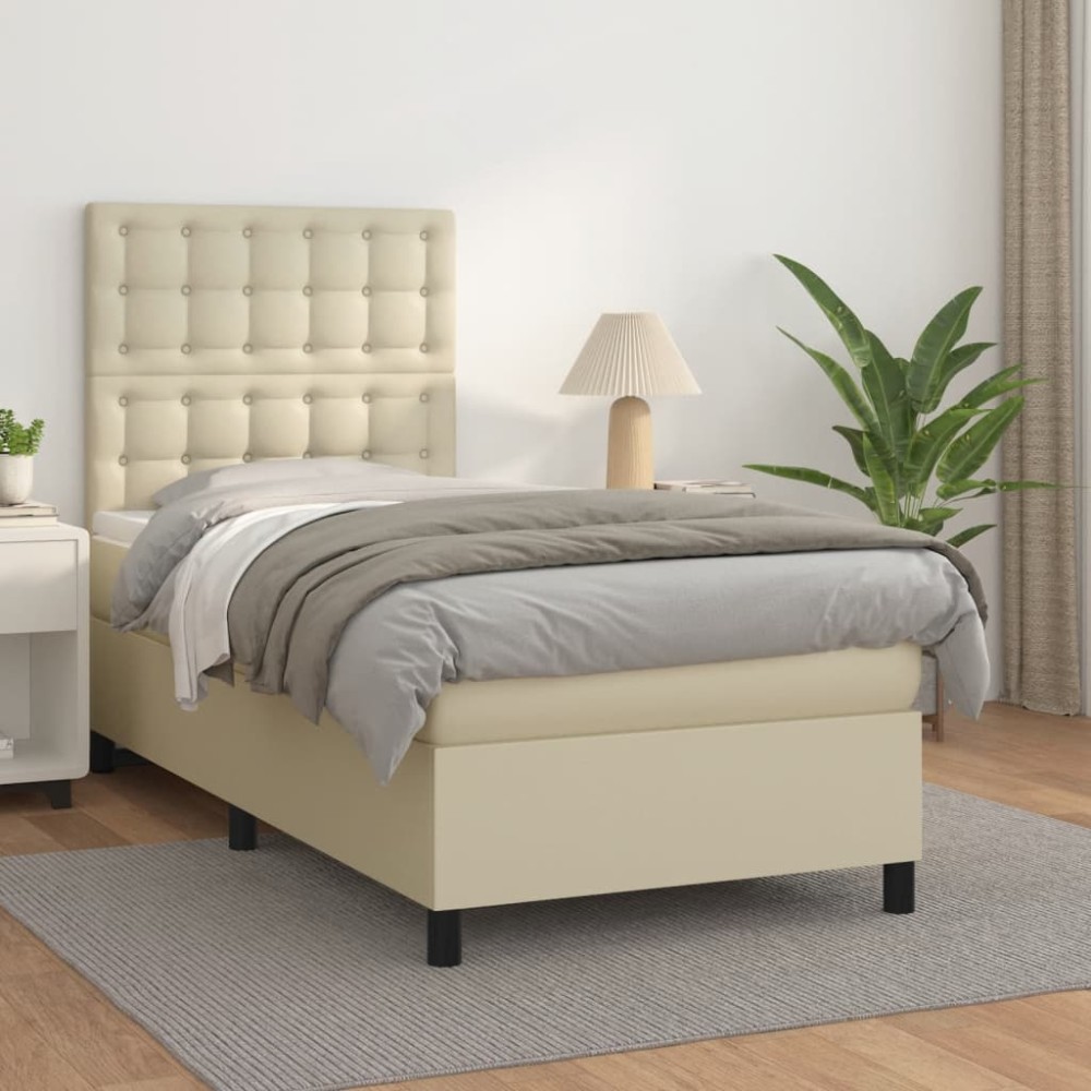 vidaXL Κρεβάτι Boxspring με Στρώμα Κρεμ 90x200 εκ. από Συνθετικό Δέρμα