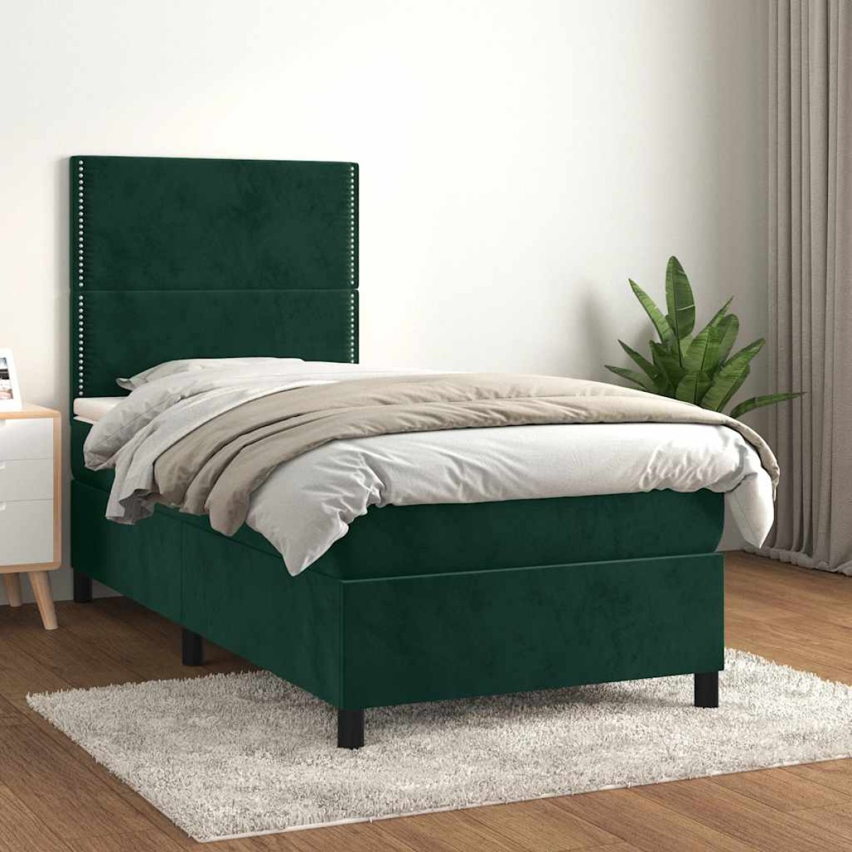 vidaXL Κρεβάτι Boxspring με Στρώμα Σκούρο Πράσινο 90x200 εκ. Βελούδινο