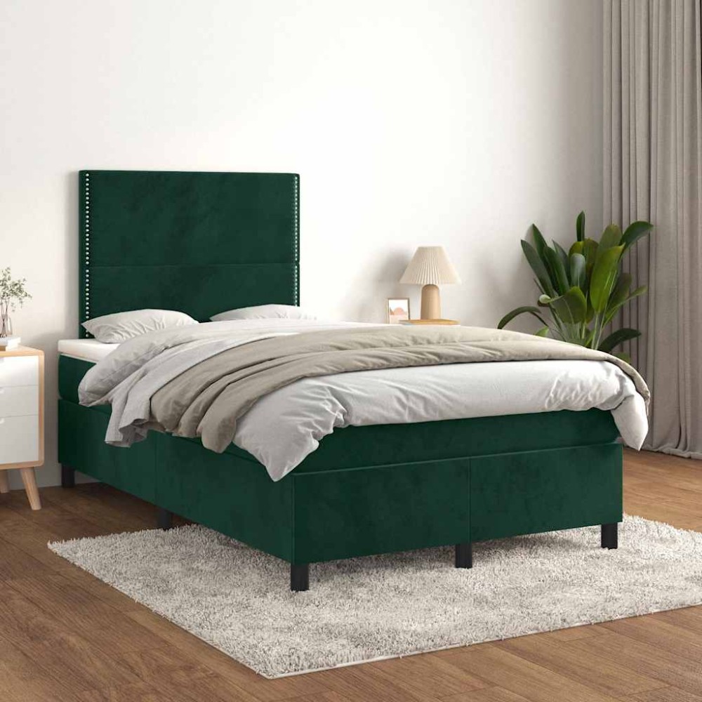 vidaXL Κρεβάτι Boxspring με Στρώμα Σκούρο Πράσινο 120x200εκ. Βελούδινο
