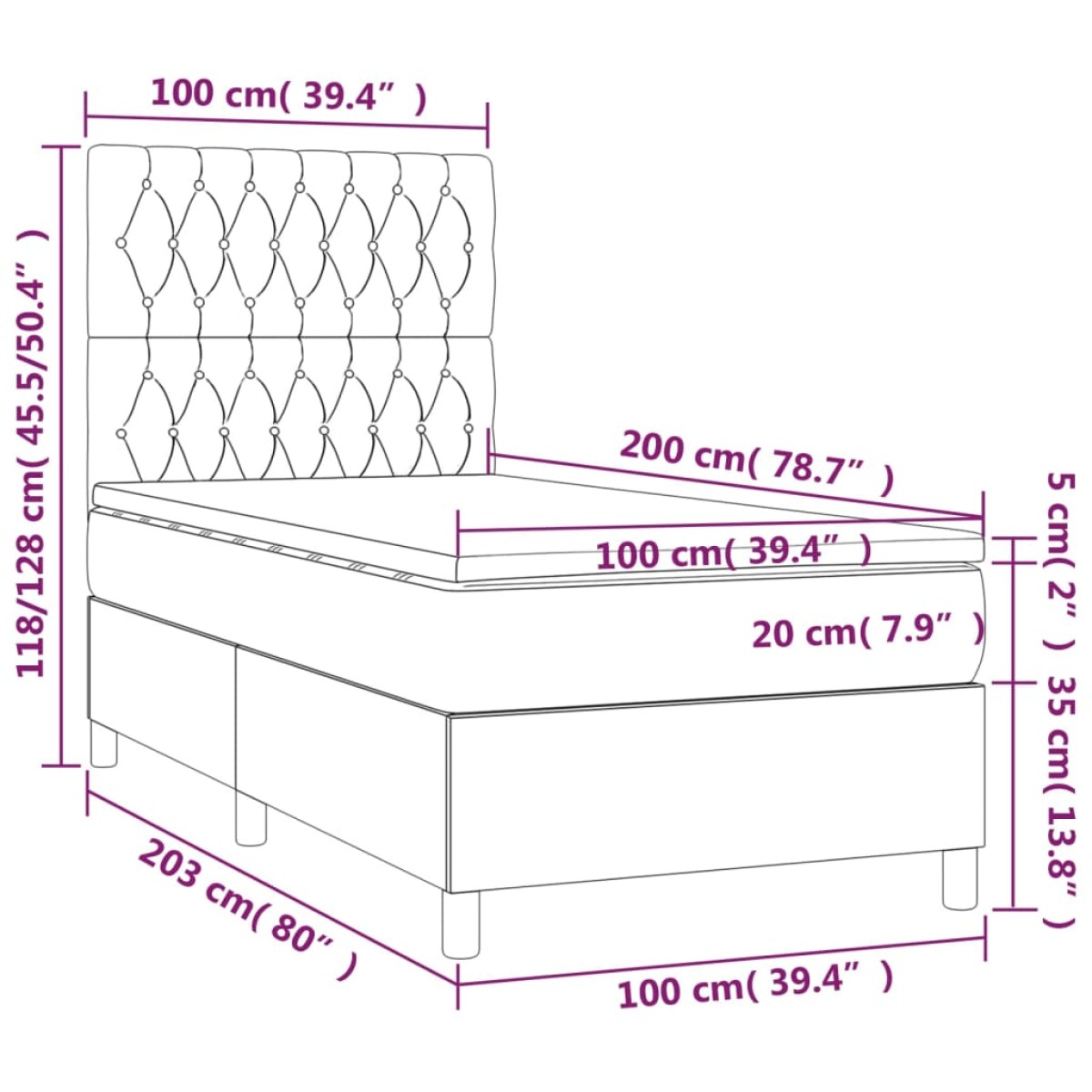 vidaXL Κρεβάτι Boxspring με Στρώμα Μαύρο 100x200 εκ. Βελούδινο