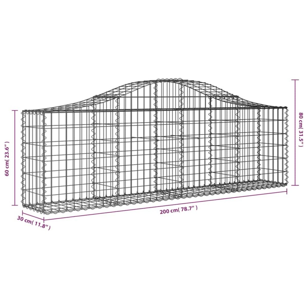 vidaXL Συρματοκιβώτια Τοξωτά 3 τεμ. 200x30x60/80 εκ. Γαλβαν. Ατσάλι