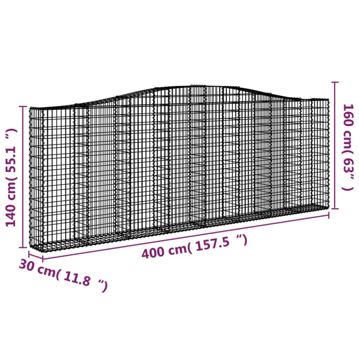 vidaXL Συρματοκιβώτια Τοξωτά 2 τεμ. 400x30x140/160 εκ. Γαλβαν. Ατσάλι