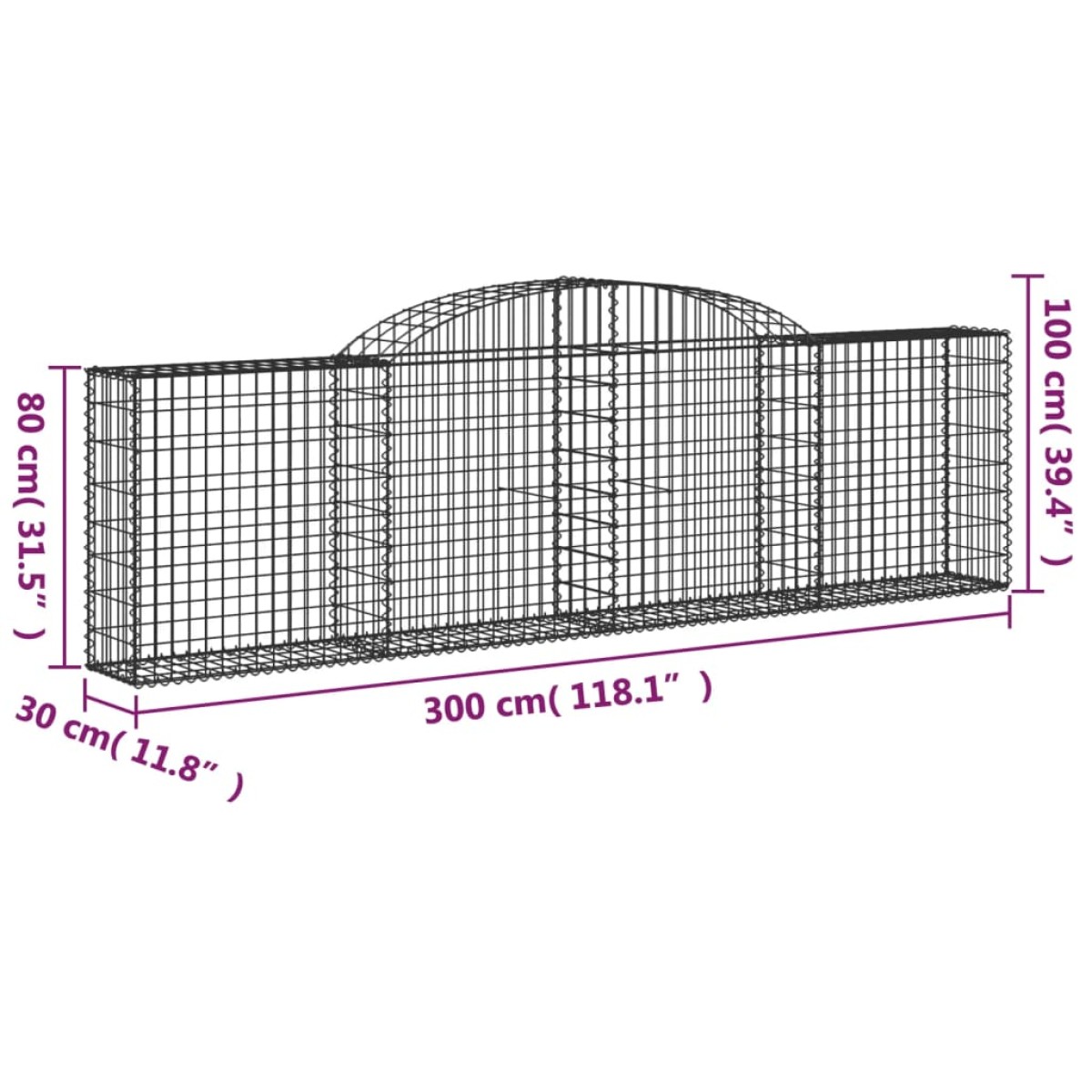 vidaXL Συρματοκιβώτια Τοξωτά 4 τεμ. 300x30x80/100 εκ. Γαλβαν. Ατσάλι
