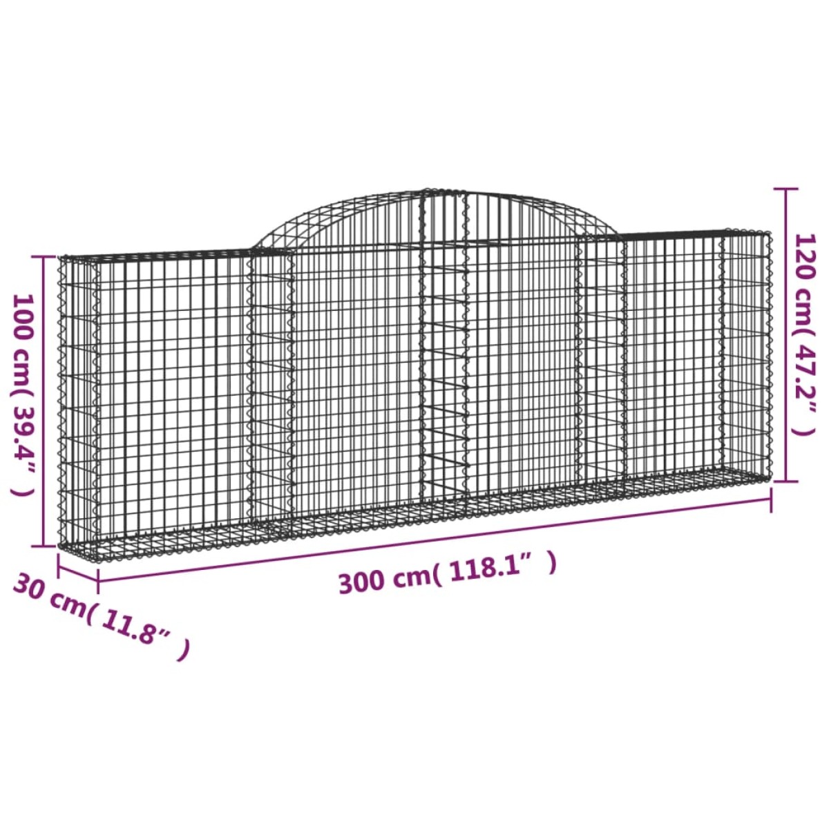 vidaXL Συρματοκιβώτια Τοξωτά 2 τεμ. 300x30x100/120 εκ. Γαλβαν. Ατσάλι