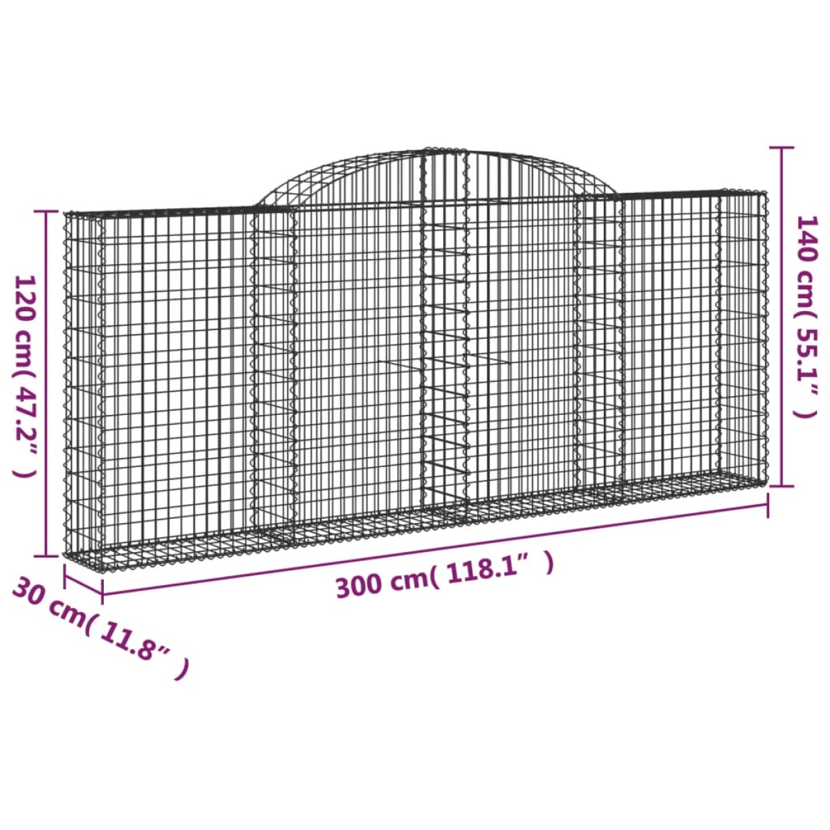 vidaXL Συρματοκιβώτια Τοξωτά 3 τεμ. 300x30x120/140 εκ. Γαλβαν. Ατσάλι