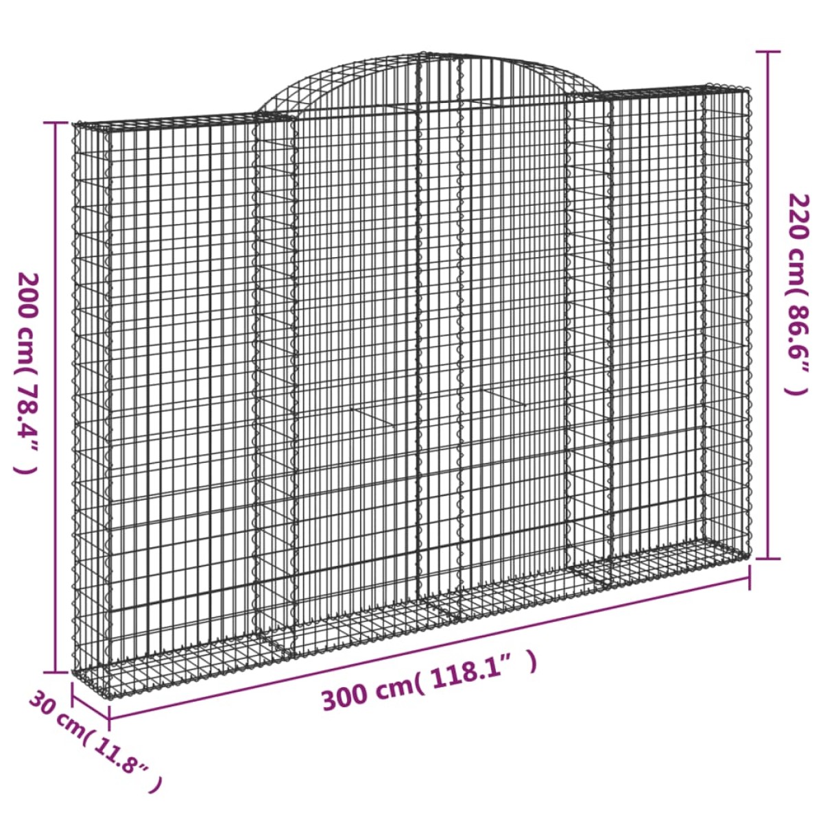 vidaXL Συρματοκιβώτια Τοξωτά 3 τεμ. 300x30x200/220 εκ. Γαλβαν. Ατσάλι