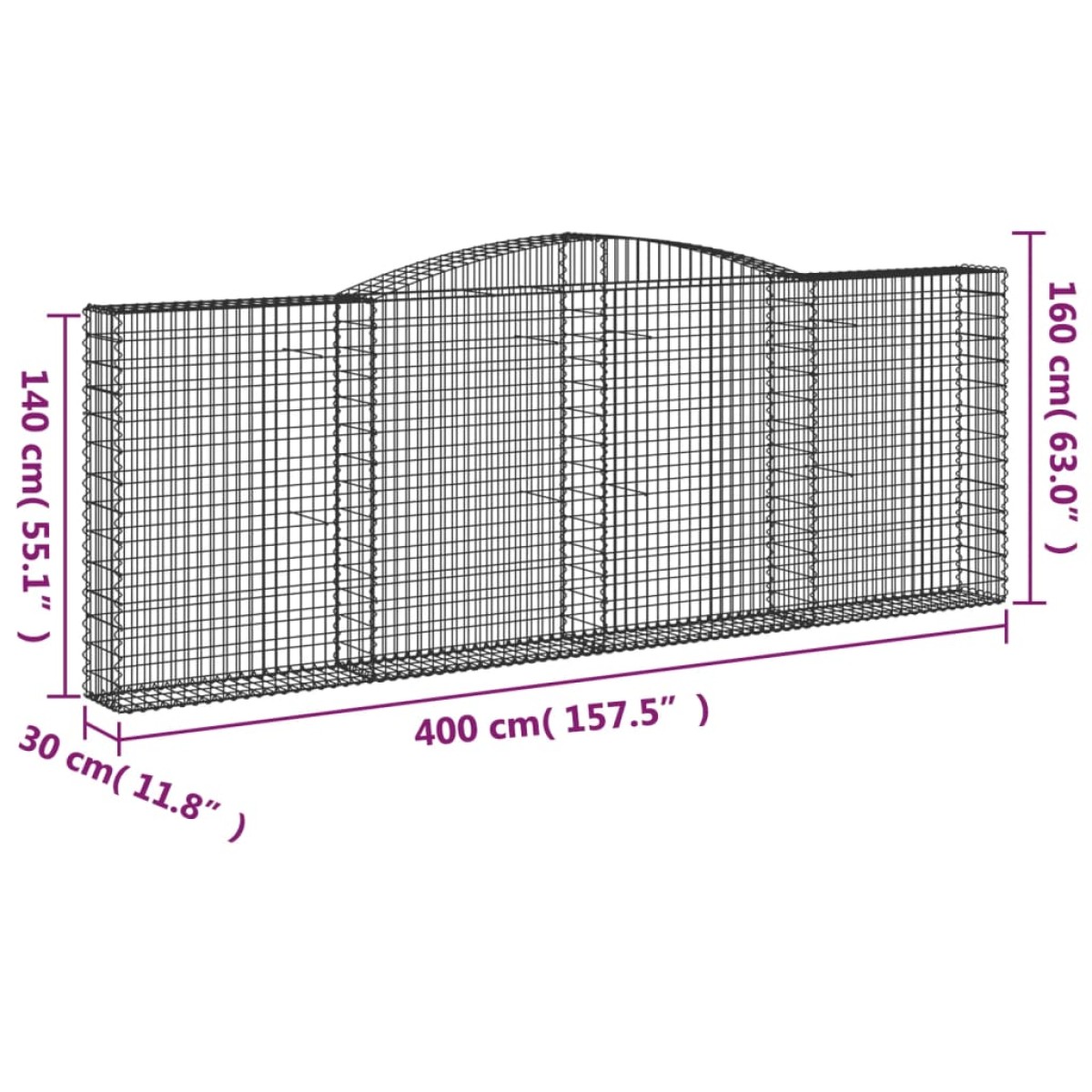vidaXL Συρματοκιβώτια Τοξωτά 2 τεμ. 400x30x140/160 εκ. Γαλβαν. Ατσάλι