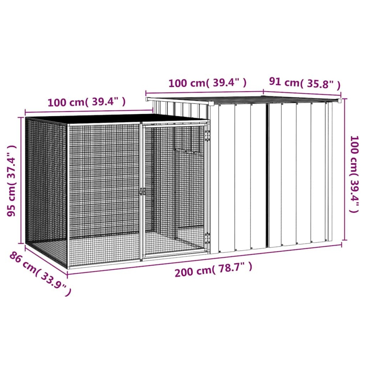 vidaXL Κλουβί Κουνελιών Γκρι 200x91x100 εκ. από Γαλβανισμένο Χάλυβα