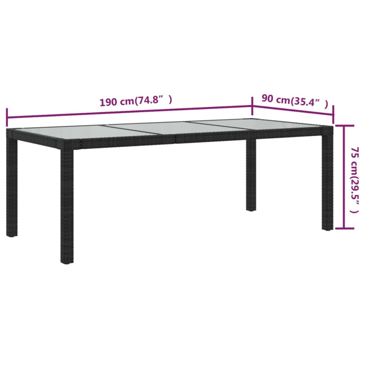 vidaXL Τραπέζι Κήπου Μαύρο 190x90x75 εκ. Ψημένο Γυαλί/Συνθετικό Ρατάν