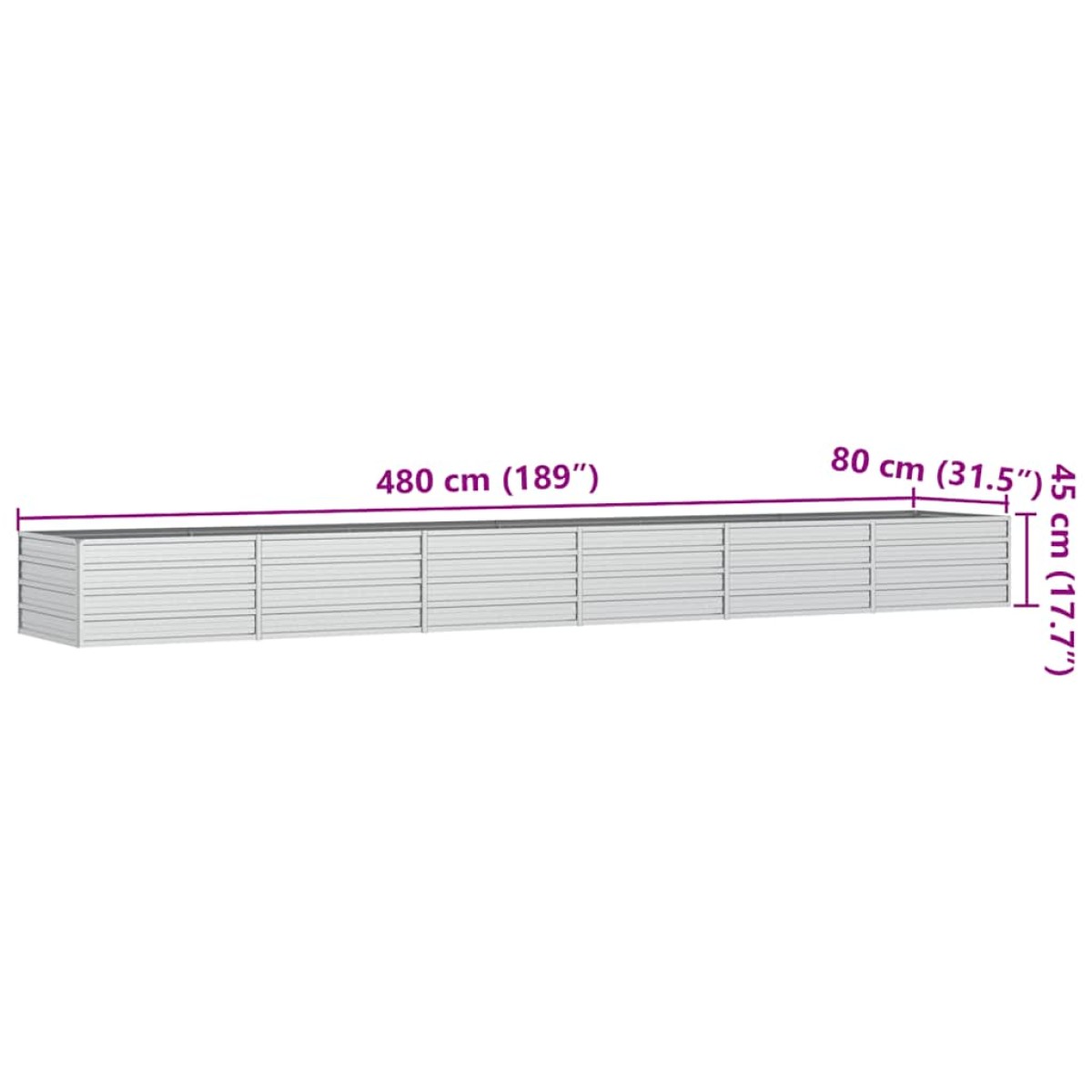 vidaXL Ζαρντινιέρα Υπερυψωμένη Ασημί 480x80x45 εκ. Γαλβανισμ. Χάλυβας