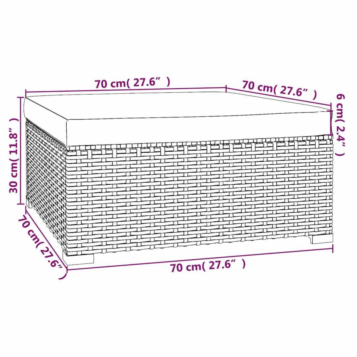 vidaXL Υποπόδιο Κήπου Μαύρο 70x70x30 εκ. Συνθετικό Ρατάν με Μαξιλάρι