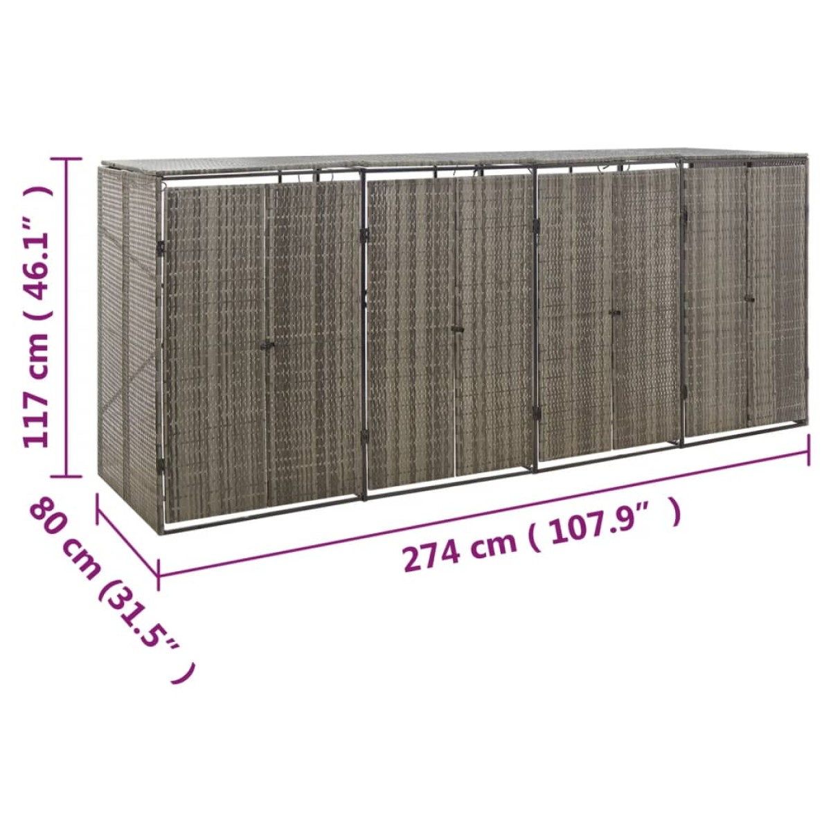 vidaXL Πλαίσιο για Κάδο Απορρ. με Ρόδες Γκρι 274x80x117 εκ Συνθ. Ρατάν