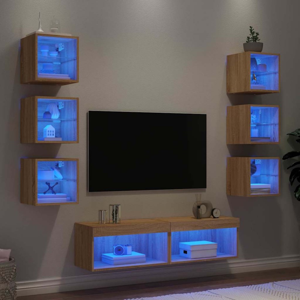 vidaXL Έπιπλα Τοίχου Τηλεόρασης 8 τεμ. LED Sonoma Δρυς από Επεξ. Ξύλο